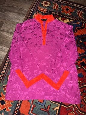 SHANGHAI TANG Luxury Mulberry Silk Jacquard Chevron Trim Chinoiserie Blouse Top